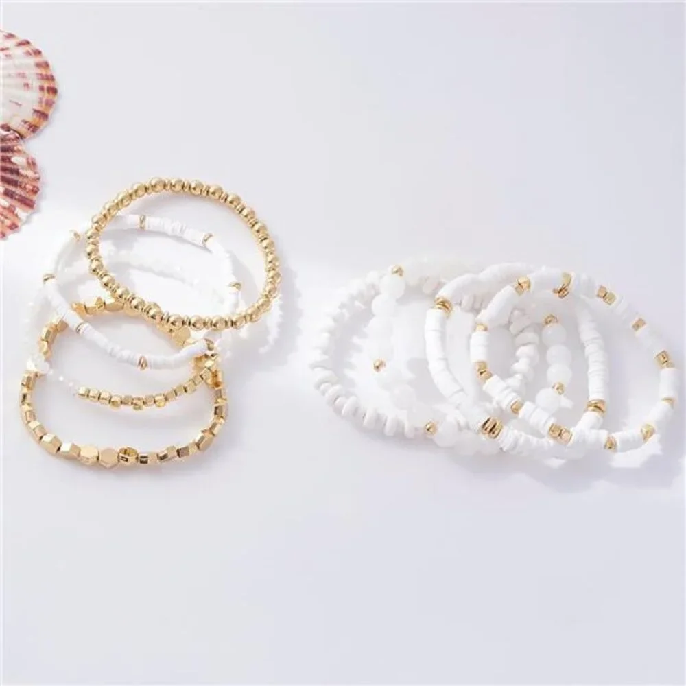 Surfer Heishi Clay Bead Bracelets for Women Bohemian Stackable Gold White Set